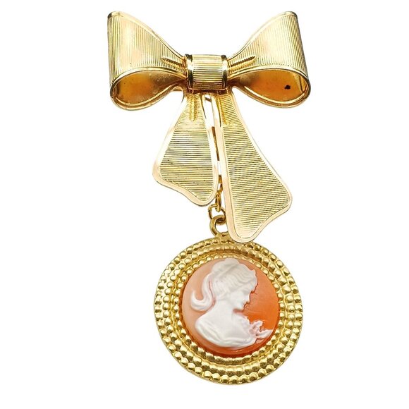 Vintage Gold-Plated Cameo Brooch with Avon Charm Bow - Picture 1 of 3